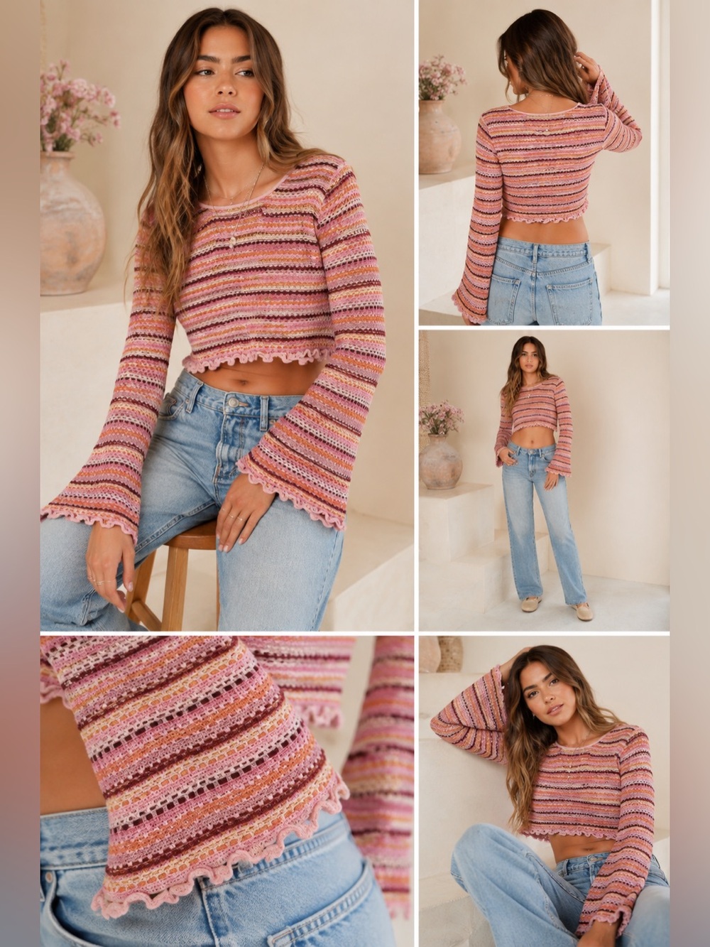 Alter’d State Crochet Bell Sleeve Crop Top Boho Coquette Festival Y2K Pink S NWT